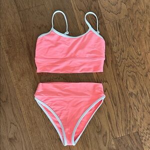 LainSnow Small - pink, skinny strap, Two-Piece Swim Set with White Trim